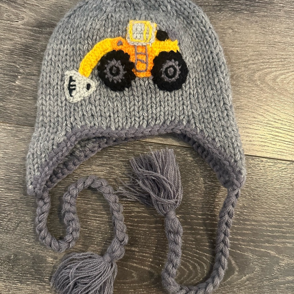Gray Knit Kids Hat with Yellow Excavator Design